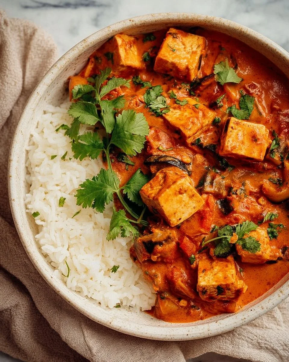 Delicious Peanut Red Curry Tofu served in a bowl topped with fresh herbs