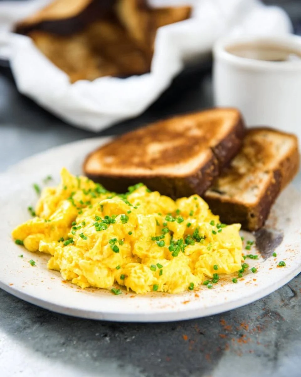 Fluffy scrambled eggs served on a plate, showcasing perfect texture and color.