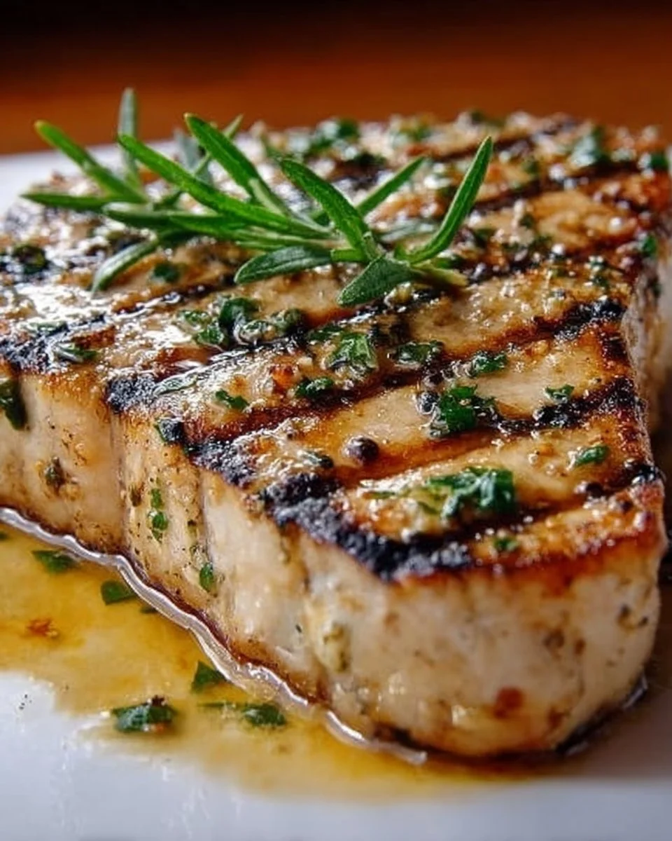 Grilled swordfish steak served with vegetables on a plate