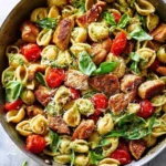 Plate of pesto pasta served with balsamic chicken and fresh basil