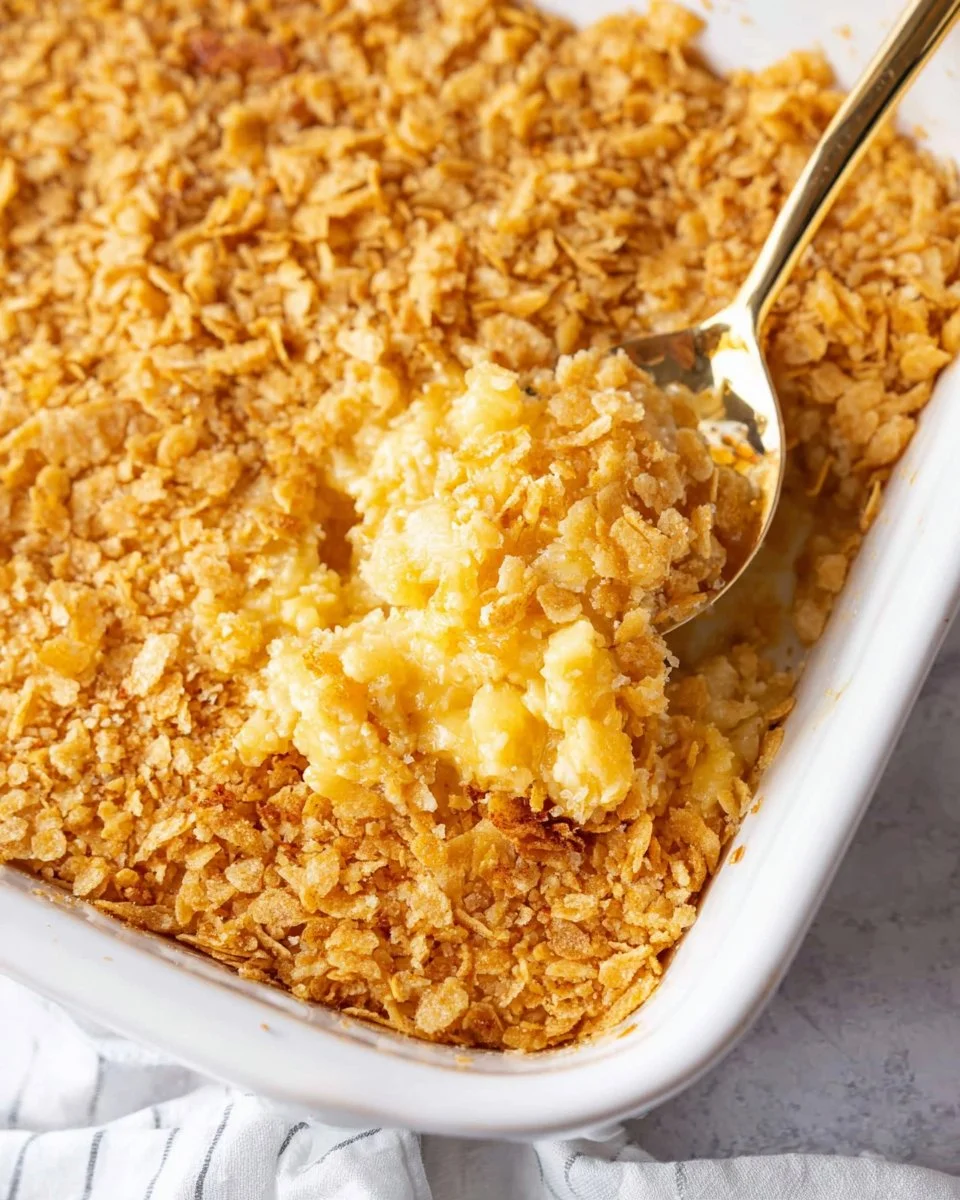 A warm Pineapple Casserole baked to perfection with a golden topping