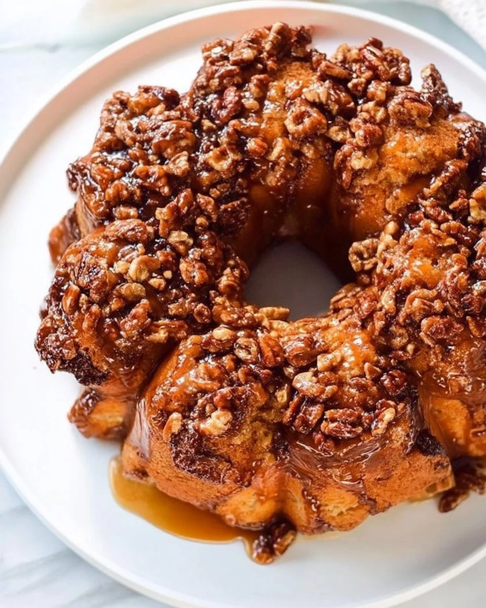 Delicious pull-apart cinnamon pecan rolls topped with icing.