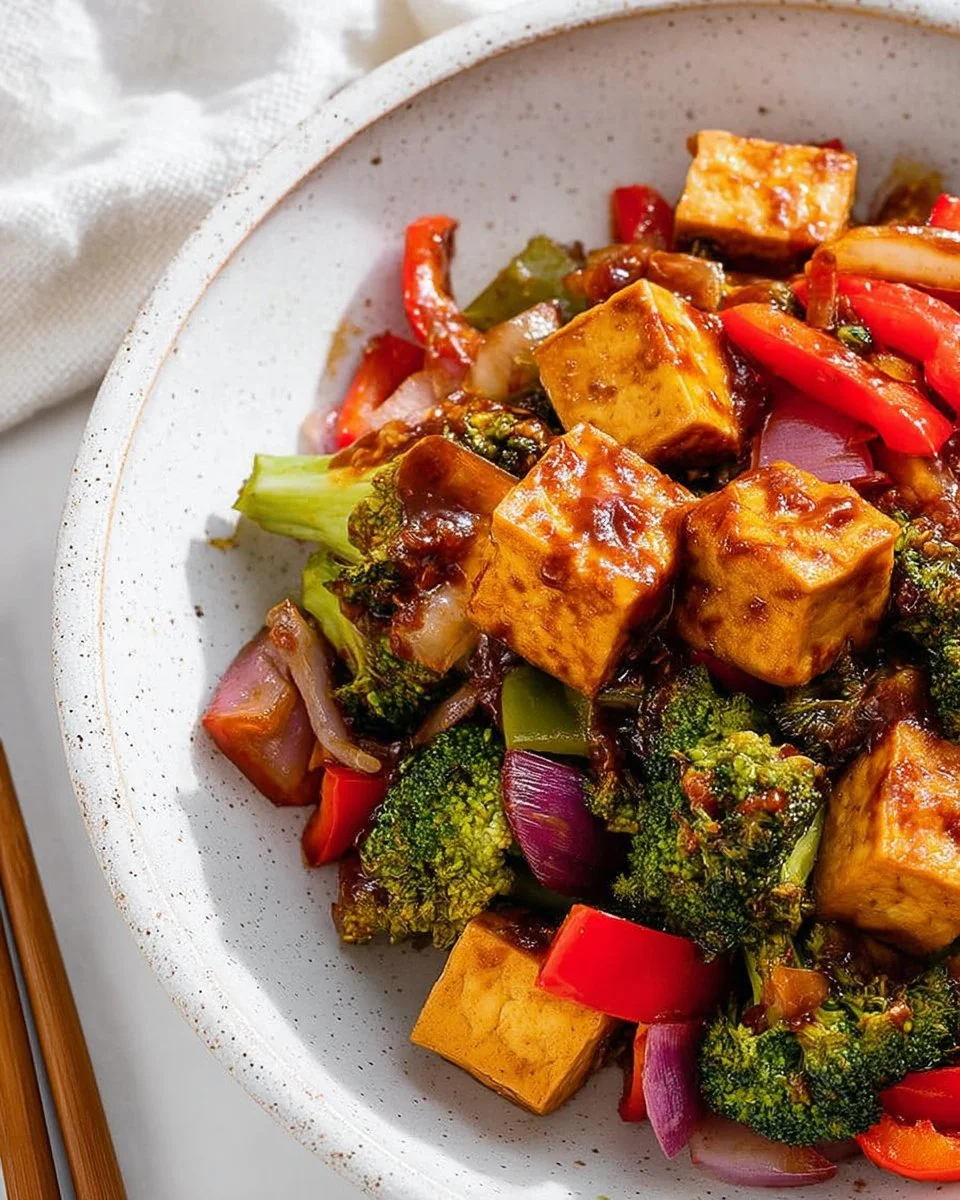 Quick teriyaki tofu stir fry served in a bowl with vegetables