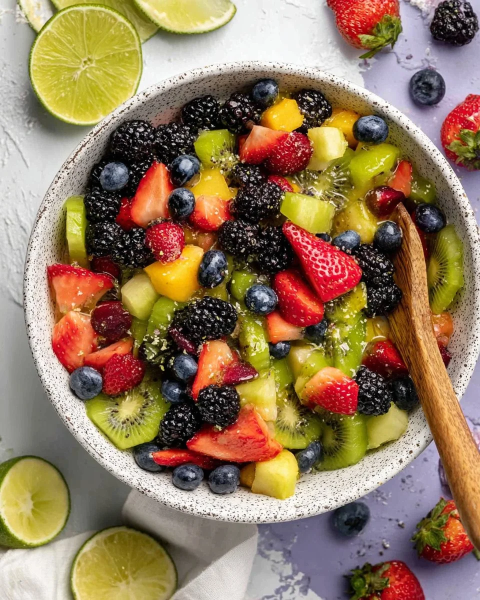 Colorful Rainbow Fruit Salad topped with Maple Lime Dressing