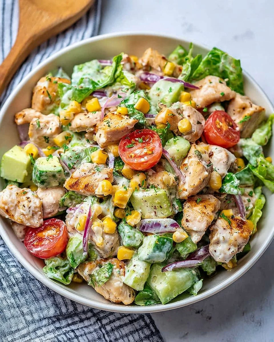 Bowl of Ranch Chicken Salad with fresh ingredients and dressing
