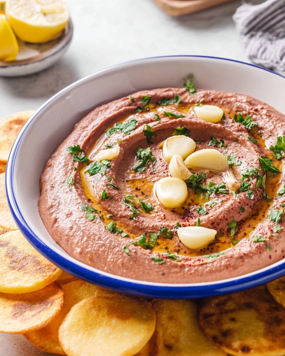Delicious red kidney bean hummus topped with roasted garlic served in a bowl