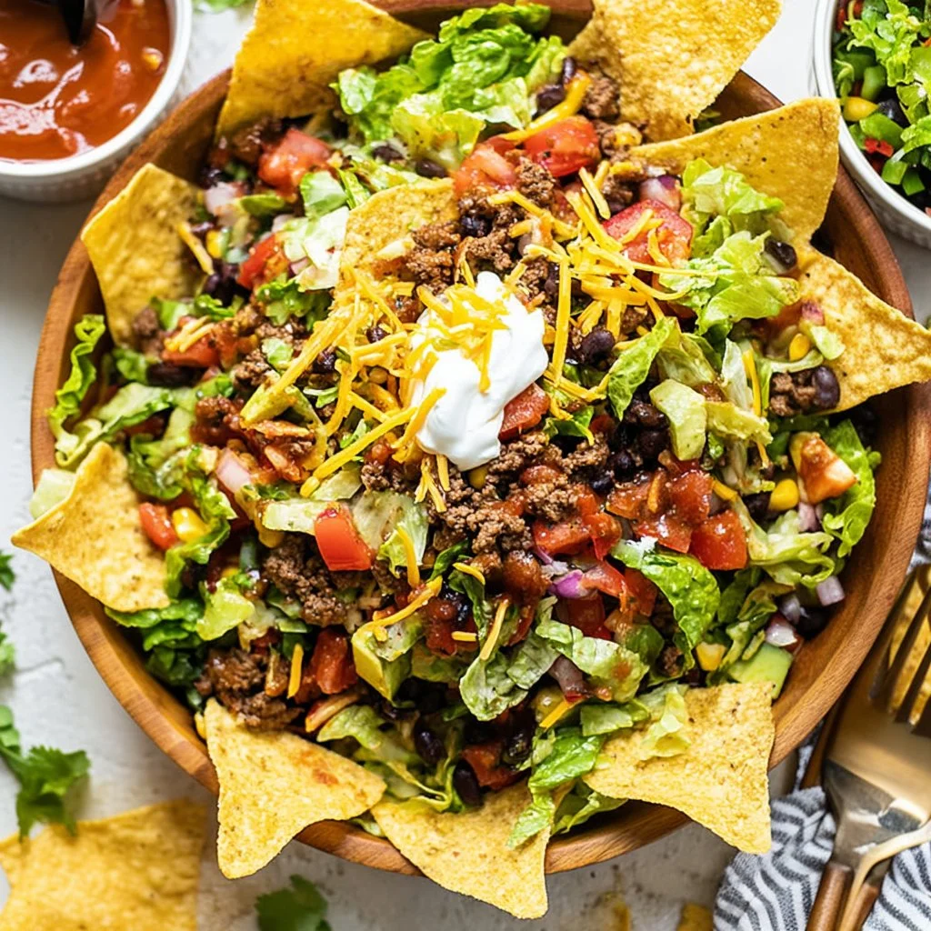 Colorful taco salad with fresh vegetables, meat, and toppings served in a bowl.