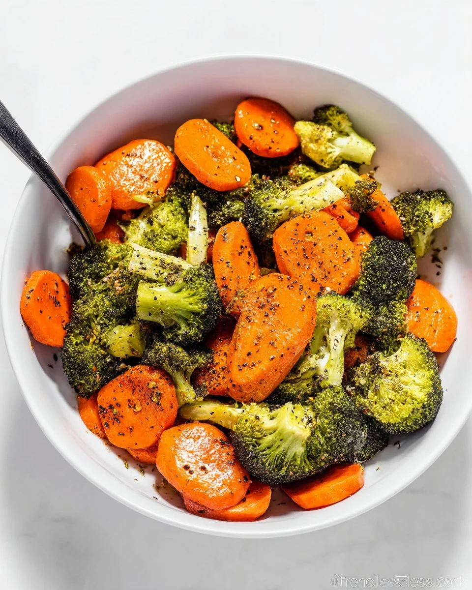 Oven-roasted broccoli and carrots served on a plate, showcasing vibrant colors.