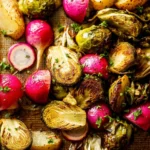 Delicious roasted Brussels sprouts and radishes served in a bowl
