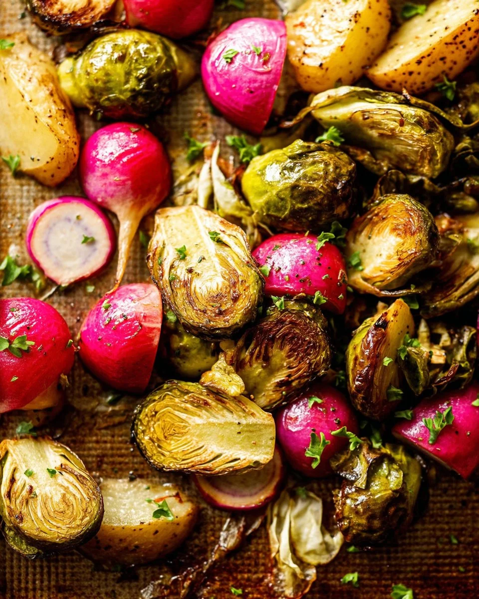 Delicious roasted Brussels sprouts and radishes served in a bowl