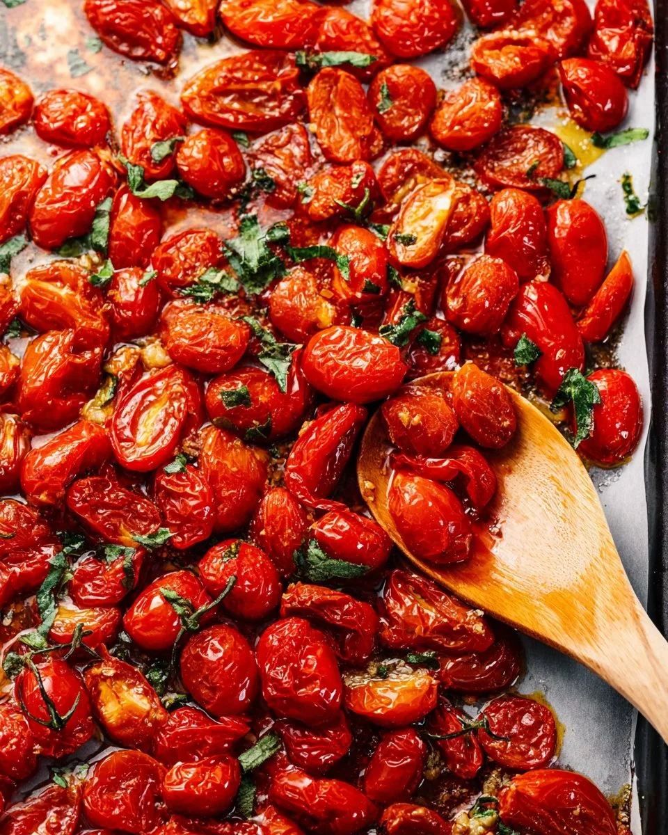 Bowl of roasted cherry tomatoes drizzled with olive oil and herbs