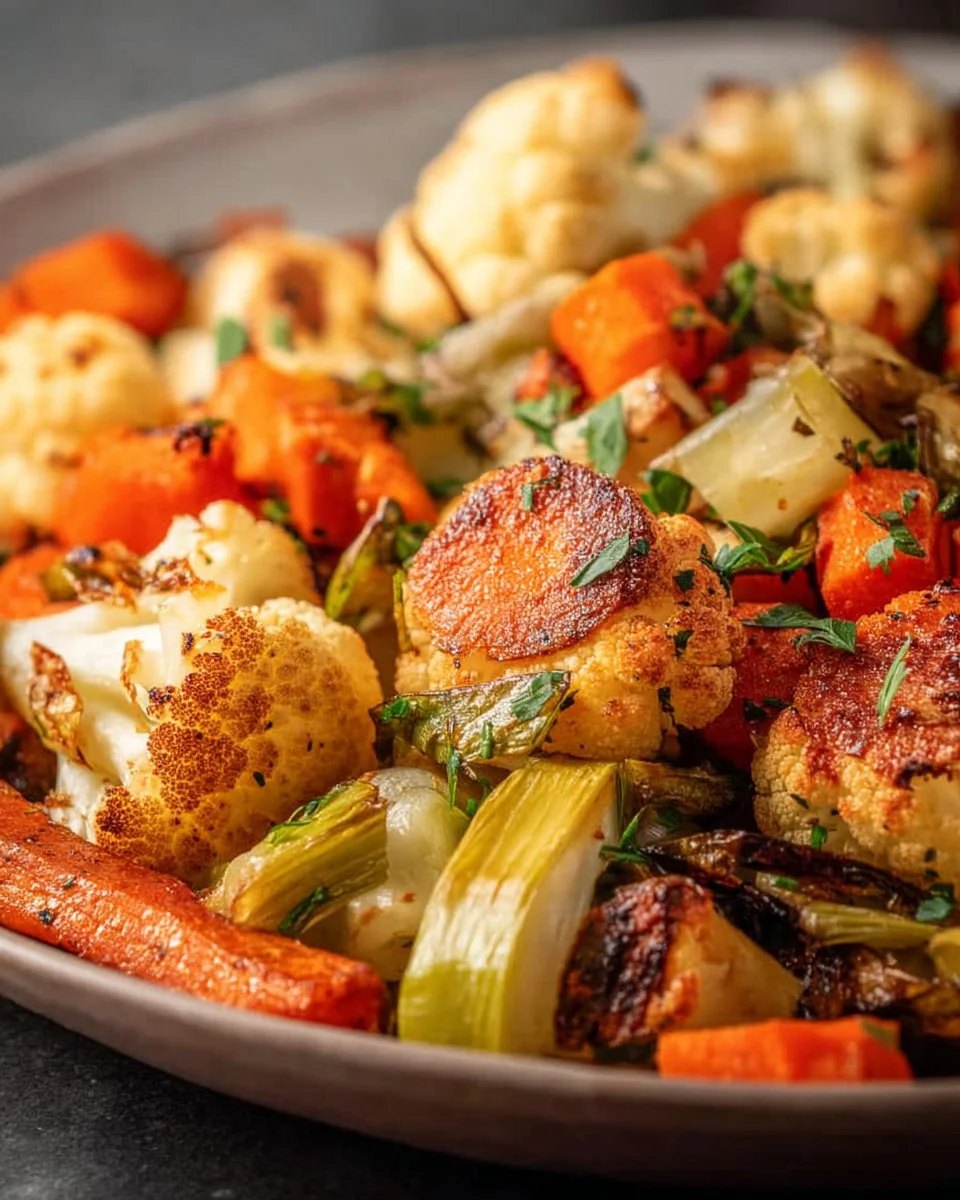 A platter of roasted fall vegetables including squash, carrots, and Brussels sprouts.