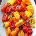 Colorful roasted mini peppers on a plate, garnished and ready to serve.