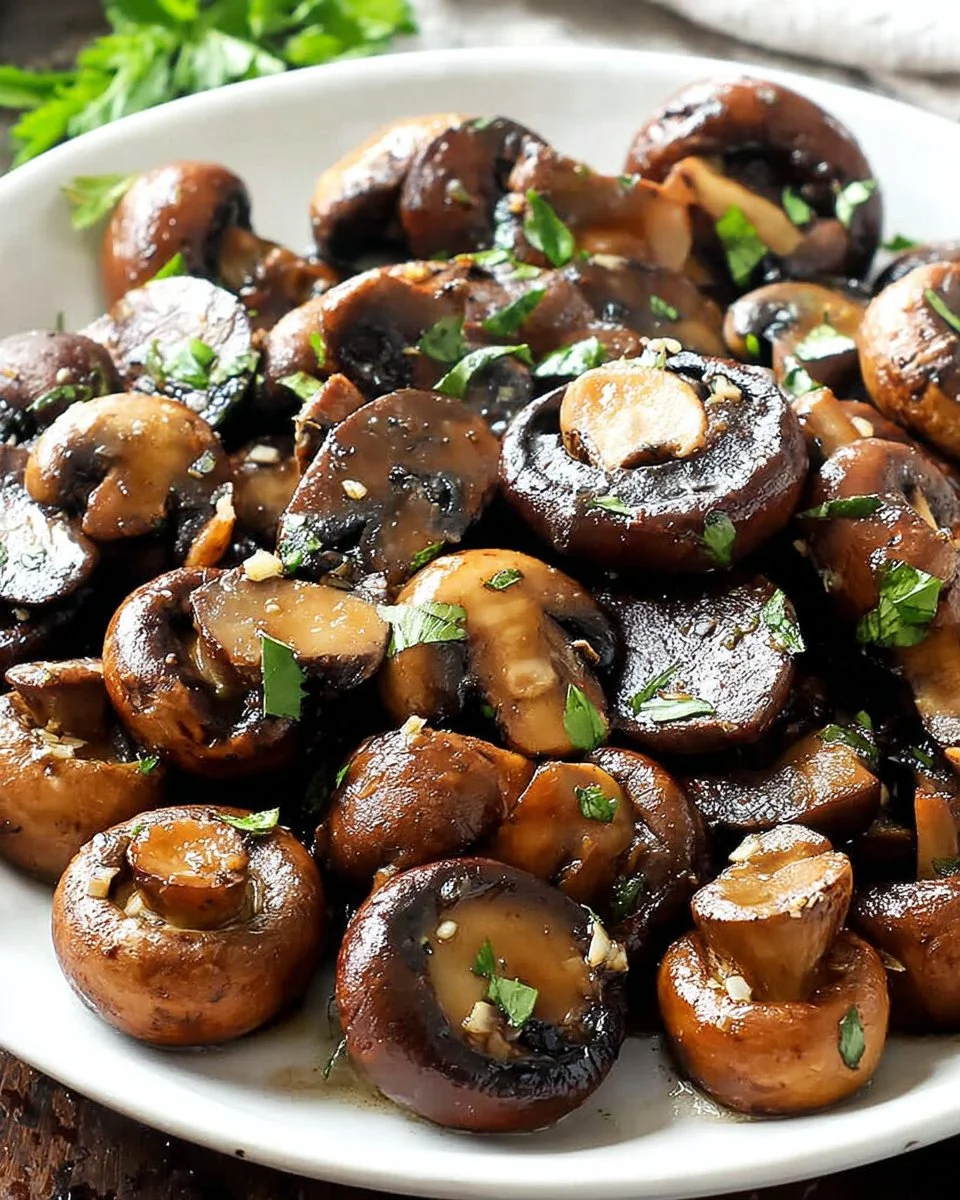 Delicious roasted mushrooms with butter and garlic on a plate