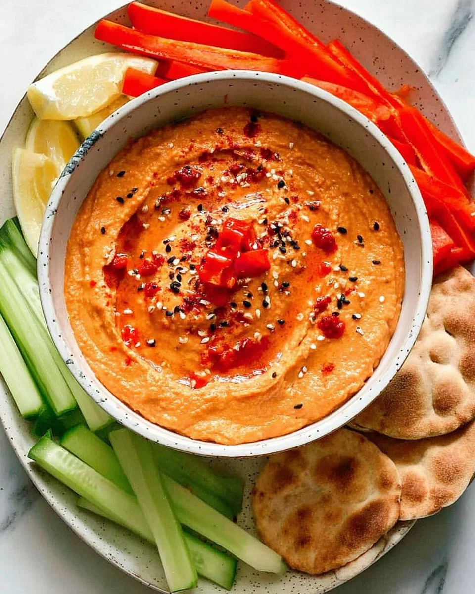 Creamy roasted red pepper hummus served with fresh vegetables and pita bread