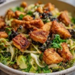 Roasted shredded Brussels sprout salad with crispy tofu served in a bowl