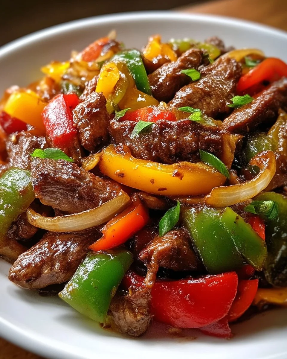 Savory pepper steak with vibrant bell peppers and onions served on a plate