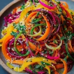 Shaved Rainbow Carrot Salad with sesame dressing in a vibrant bowl
