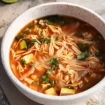 Bowl of shredded tofu noodle soup garnished with fresh herbs and vegetables