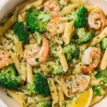 Delicious Shrimp and Broccoli Summer Pasta served in a bowl with fresh ingredients