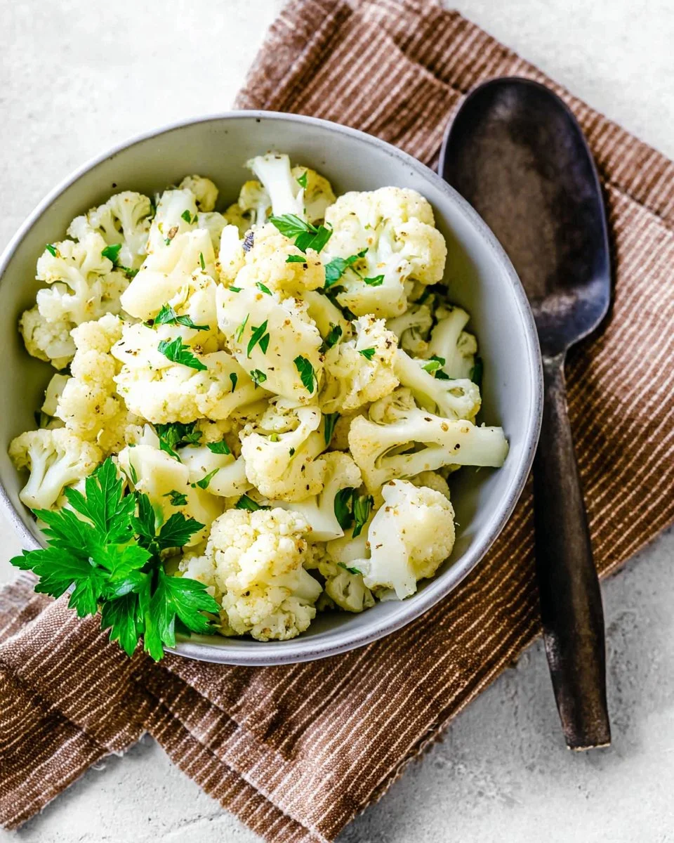 Simple steamed cauliflower with herbs in a bowl