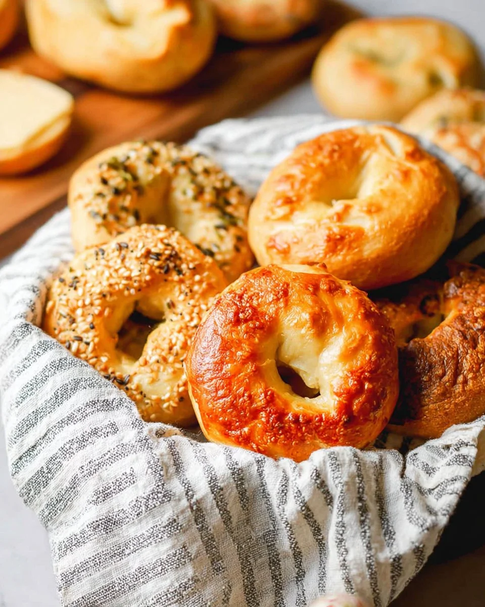 Freshly baked sourdough bagels on a wooden table, ready for breakfast.