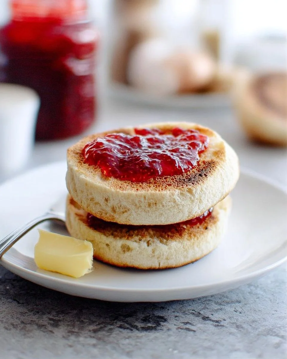 Freshly baked sourdough English muffins on a wooden table