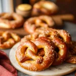 Golden brown sourdough soft pretzels on a wooden board.