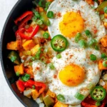 Delicious Southwestern vegetable hash served with fried eggs on top