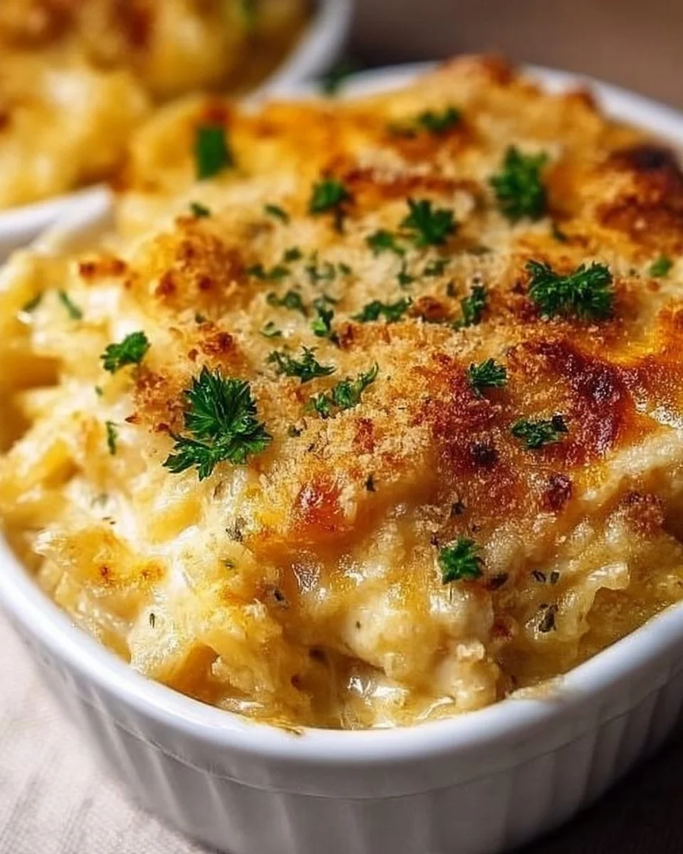 Spaghetti squash mac and cheese served in a bowl with cheese and herbs