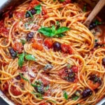 Bowl of spaghetti with anchovy tomato sauce garnished with fresh herbs