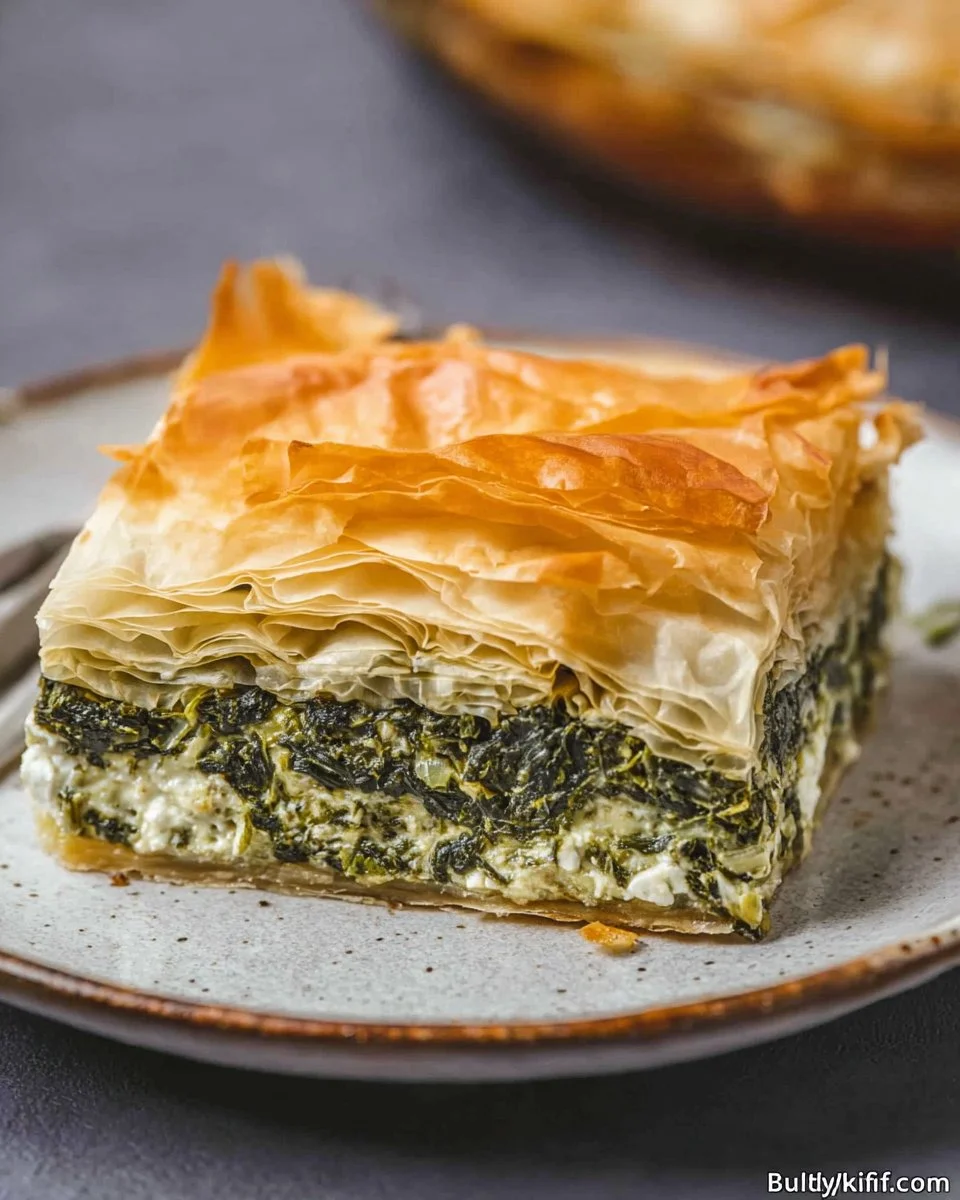 Delicious homemade Spanakopita with flaky pastry and spinach filling.