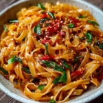 Plate of spicy garlic chilli noodles garnished with fresh herbs and chili flakes.