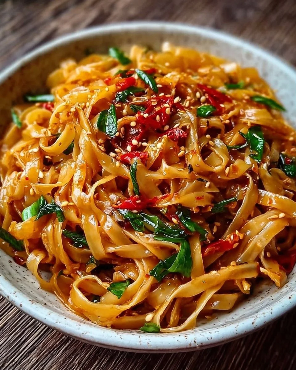 Plate of spicy garlic chilli noodles garnished with fresh herbs and chili flakes.