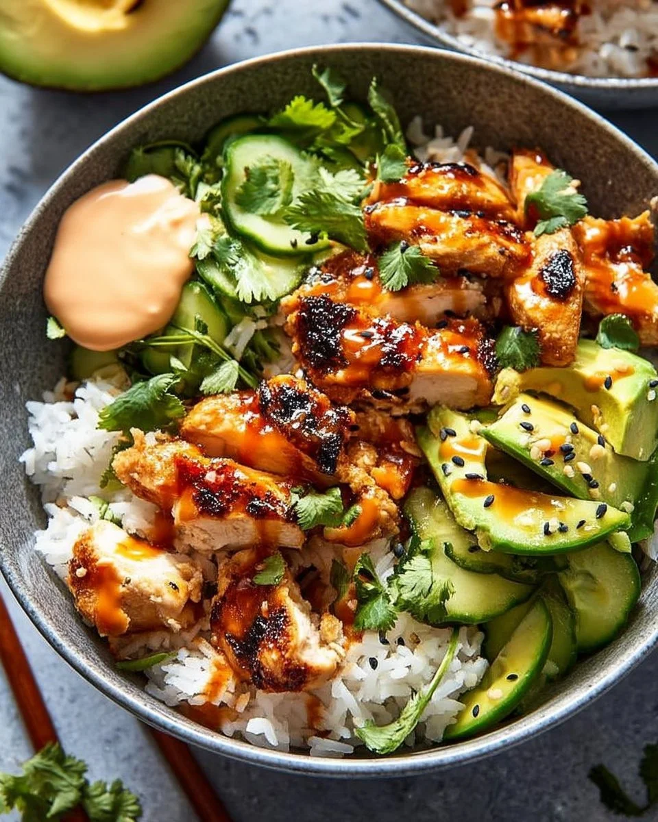 Spicy Honey-Ginger Chicken Bowls with Yum Yum Sauce