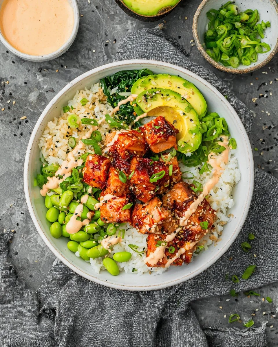 Spicy salmon maki bowl with fresh ingredients and vibrant flavors