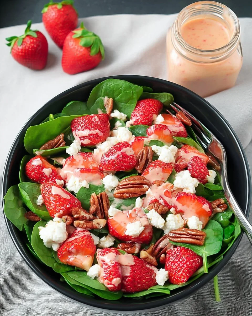 Fresh spinach and strawberry salad with vinaigrette dressing