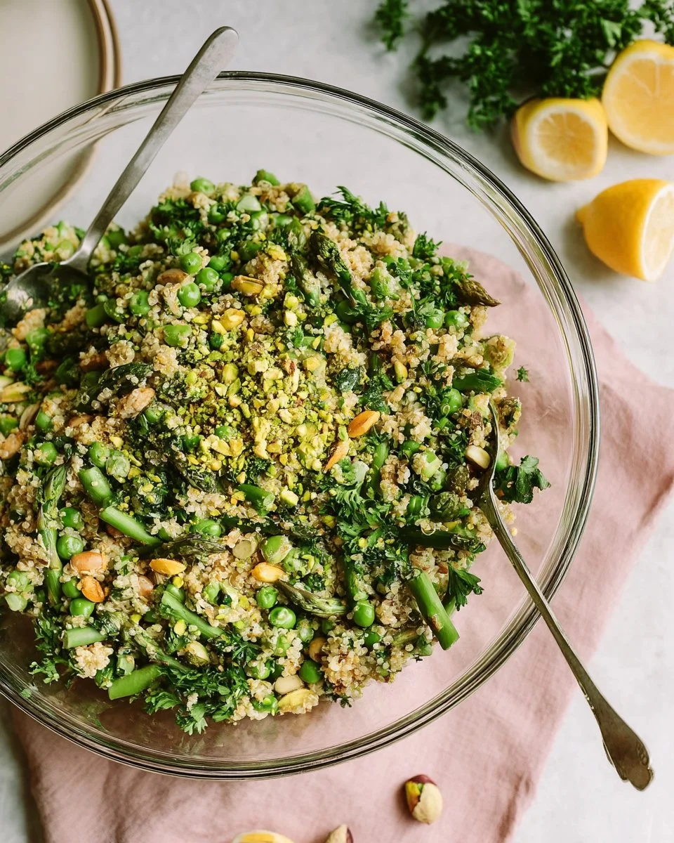 Spring Quinoa Salad with Asparagus and Peas in a bowl