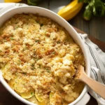Delicious squash casserole baked with cheese and herbs in a serving dish.