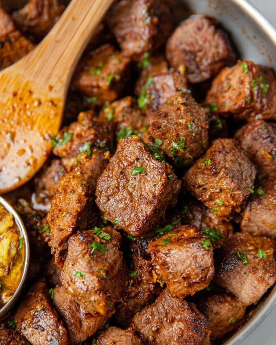 Succulent steak bites drizzled with rich cowboy butter sauce.