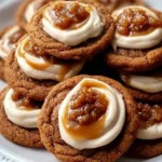 Freshly baked sticky toffee pudding cookies on a cooling rack.