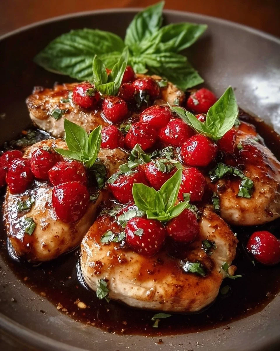 Delicious plate of Strawberry Basil Chicken garnished with fresh herbs.