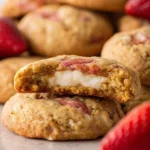 Strawberry cheesecake cookies with fresh strawberries on a rustic wooden table