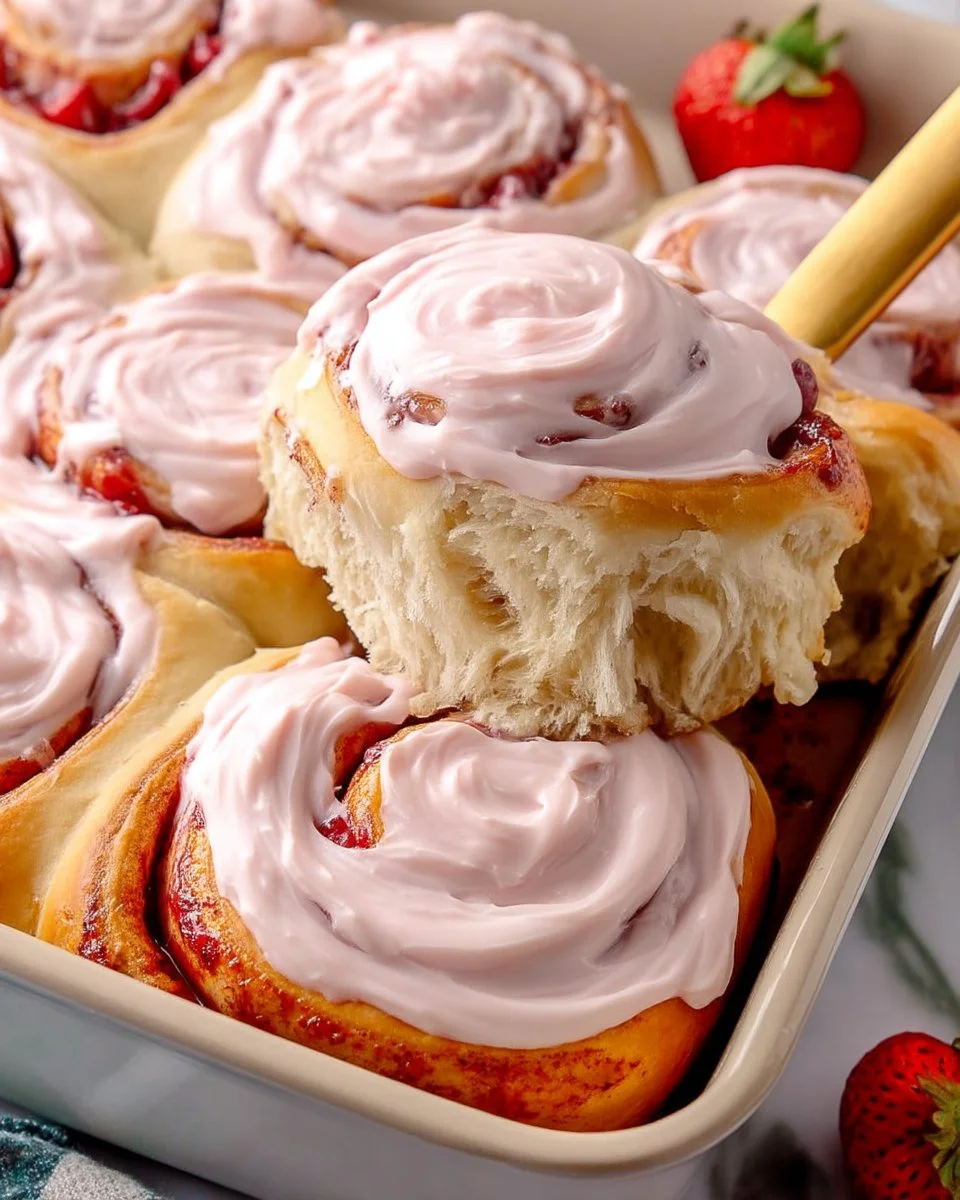 Freshly baked strawberry cinnamon rolls with cream cheese frosting