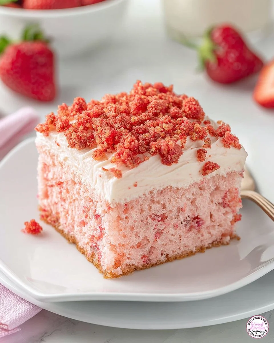 Delicious Strawberry Crunch Cake with layers of fresh strawberries and crunchy topping