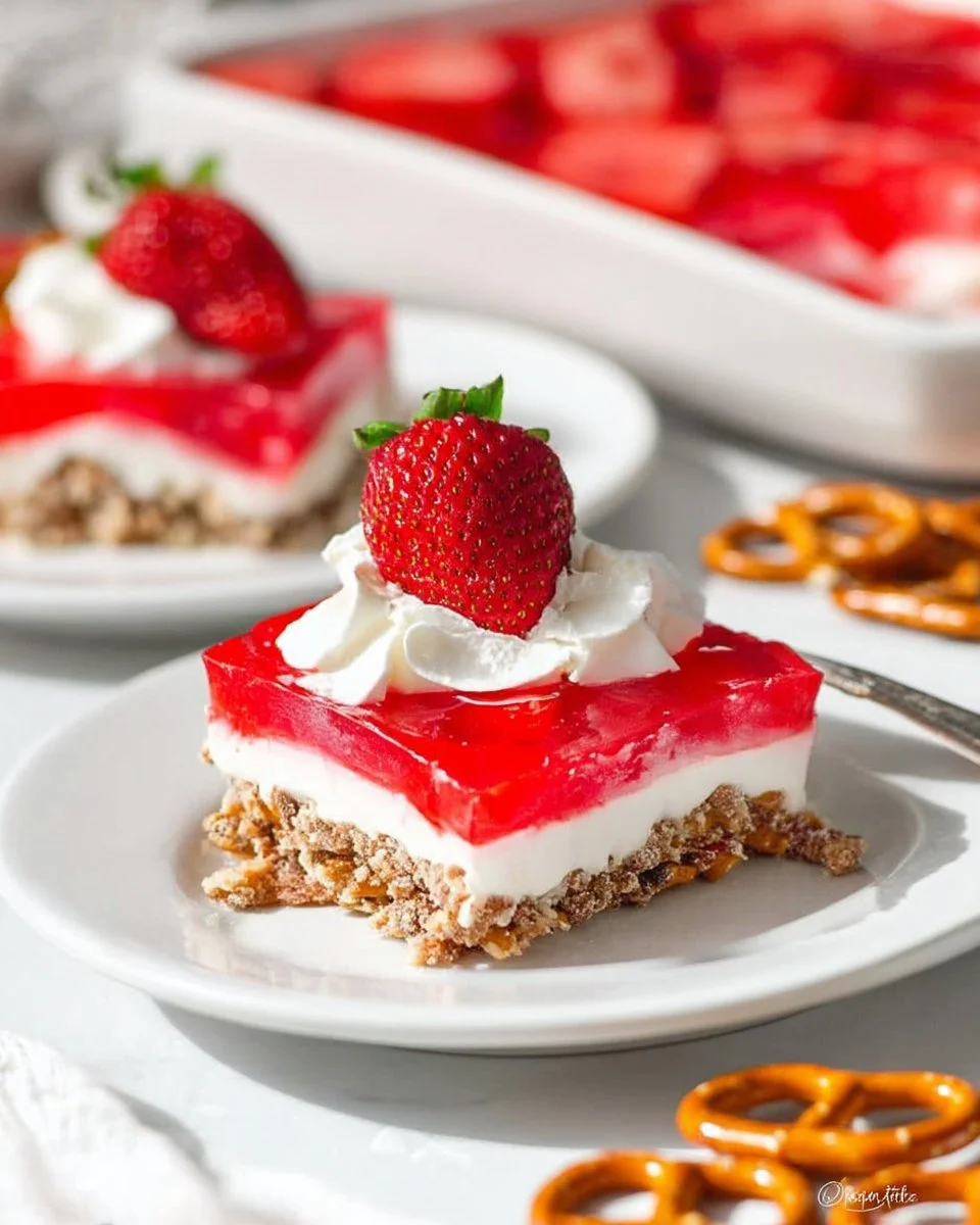 Delicious Strawberry Pretzel Salad with cream cheese topping and pretzel crust