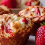 Homemade strawberry protein muffins fresh out of the oven on a cooling rack.