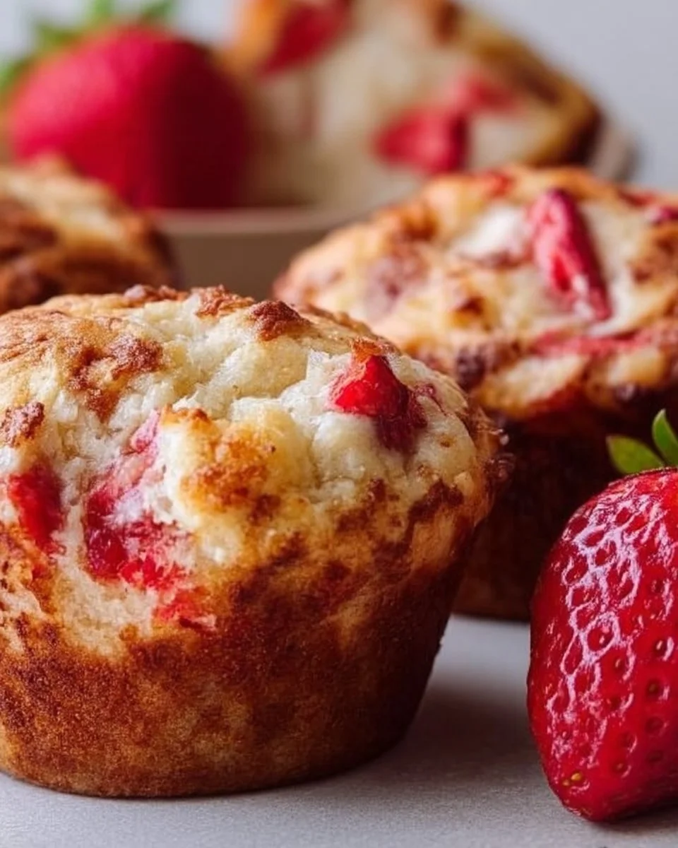 Homemade strawberry protein muffins fresh out of the oven on a cooling rack.