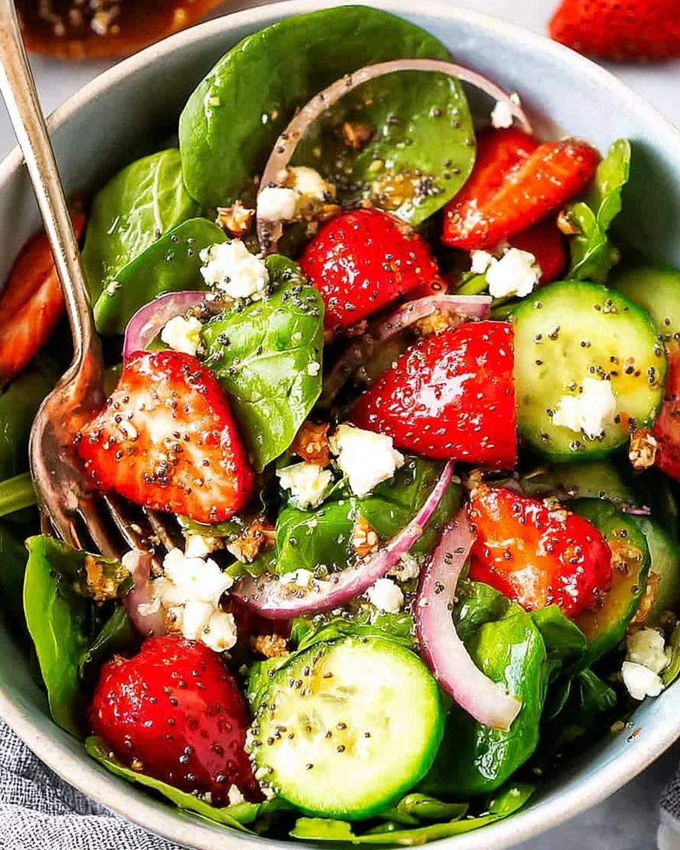 Strawberry Spinach Salad with Poppy Seed Dressing served in a bowl