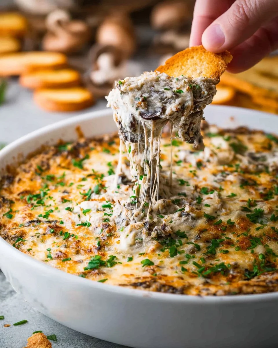 Delicious Stuffed Mushroom Dip served in a bowl with fresh herbs on top